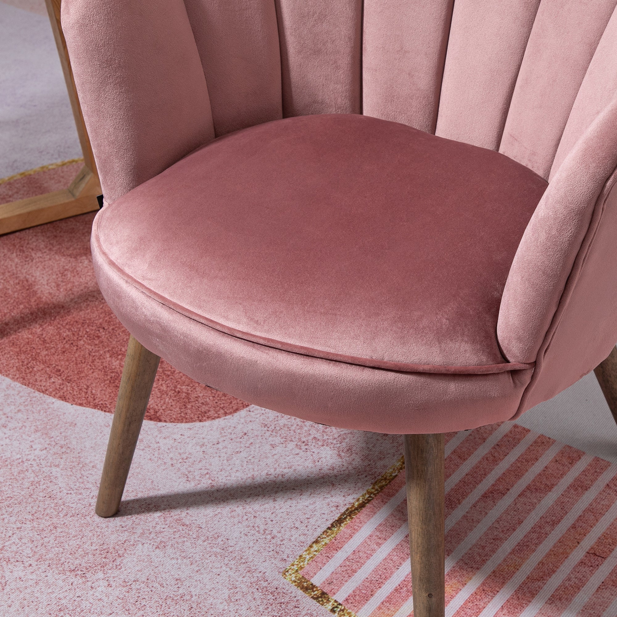 Easycomfort Poltrona Imbottita with Schienale a Conchiglia e Gambe in Legno, Poltrona in Velluto per Salotto e Camera, 66x66x78.5cm, Rosa