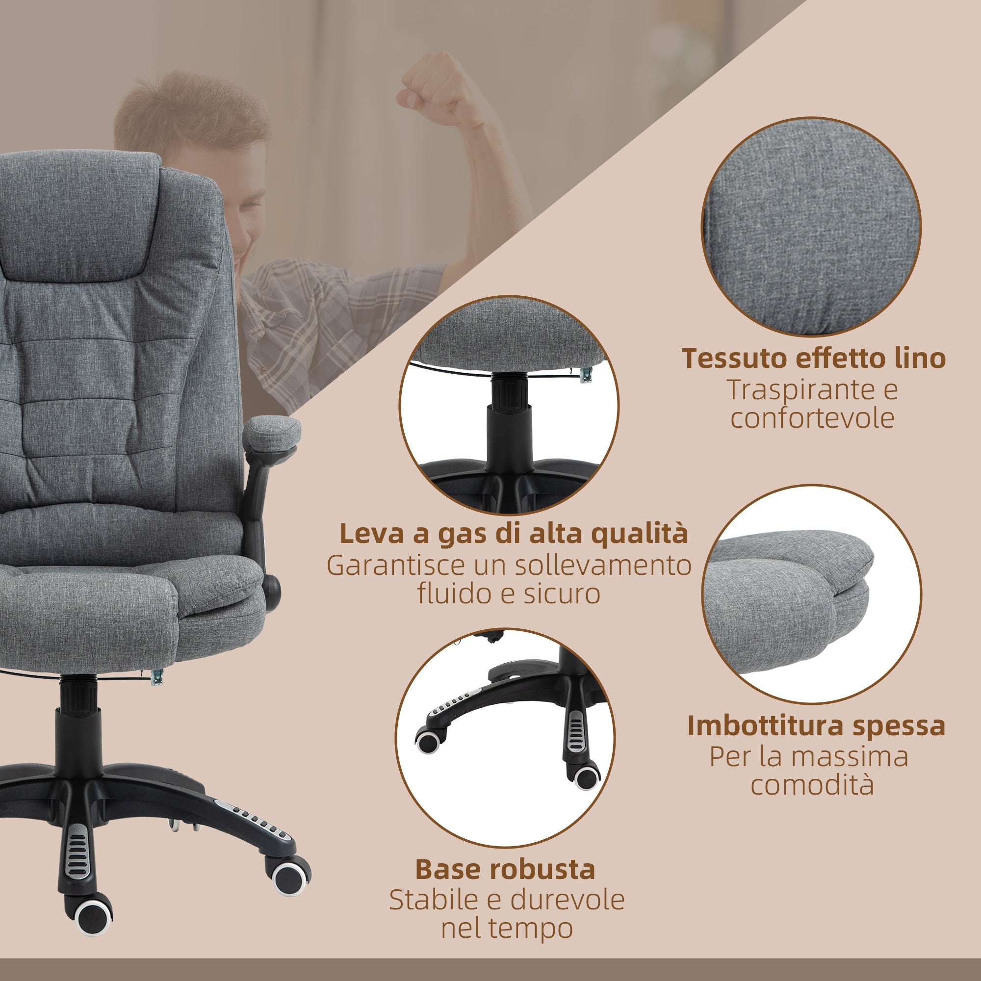 Easycomfort Sedia Massaggiante da Ufficio e Casa, Poltrona da Ufficio Con 6 Punti di Massaggio e Funzione di Riscaldamento e Regolabile in Altezza, Grigia