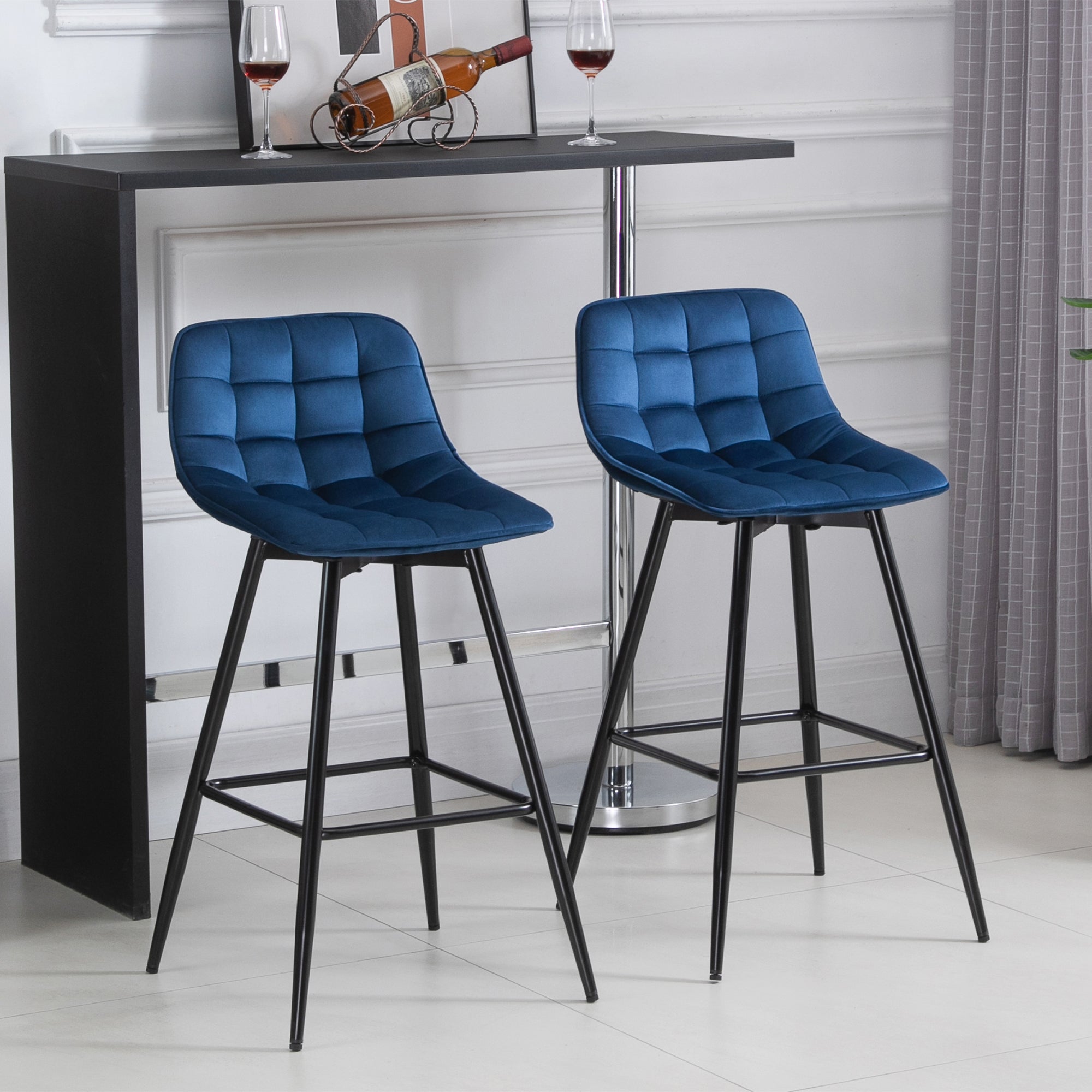 EasyComfort Set 2 Sgabelli Alti da Bar Nordico con Schienale curvato ergonomico e poggiapiedi, Sedie Imbottite per Salotto e cucina, Blu