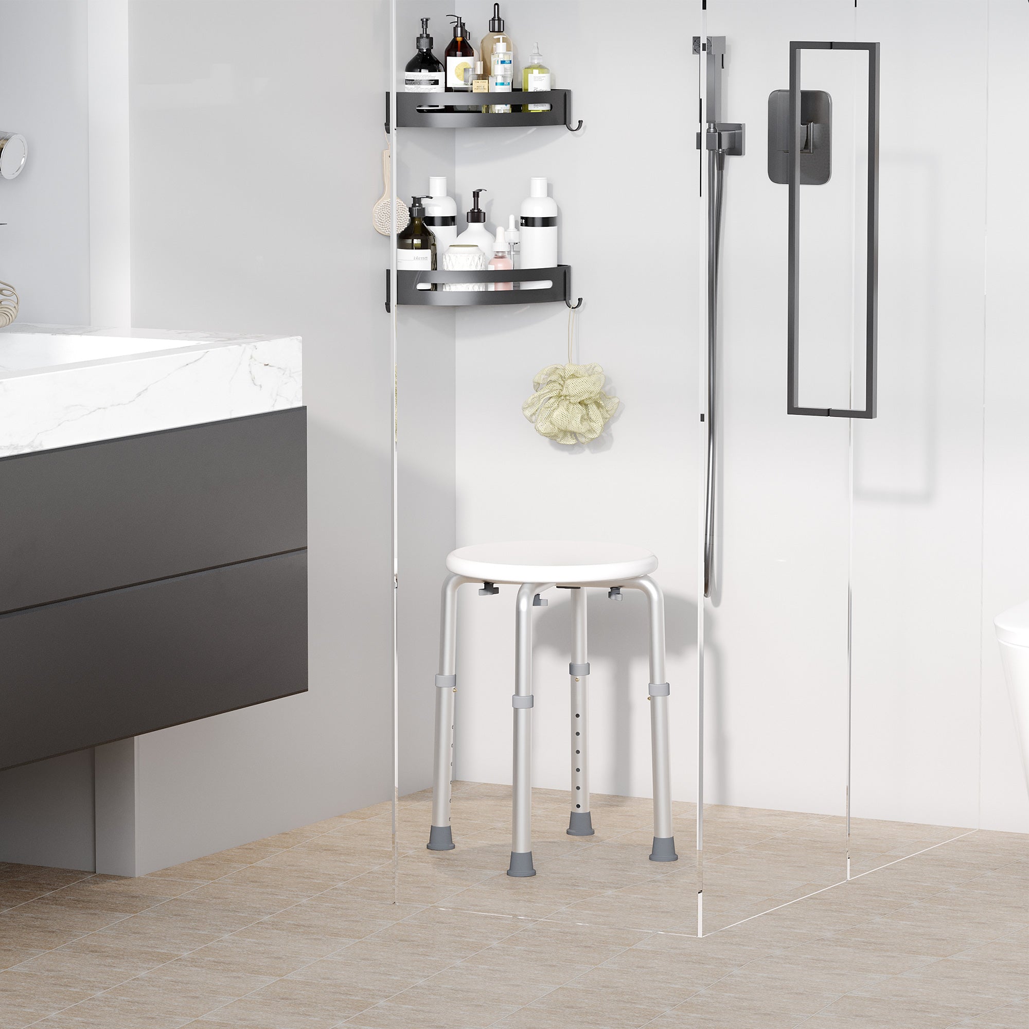 Easycomfort Sgabello da Doccia per Anziani with Ausilio Rotondo, Sedia da Bagno per Disabili with Altezza Regolabile 8 Posizioni, Piedini Antiscivolo, in Alluminio e PE, white