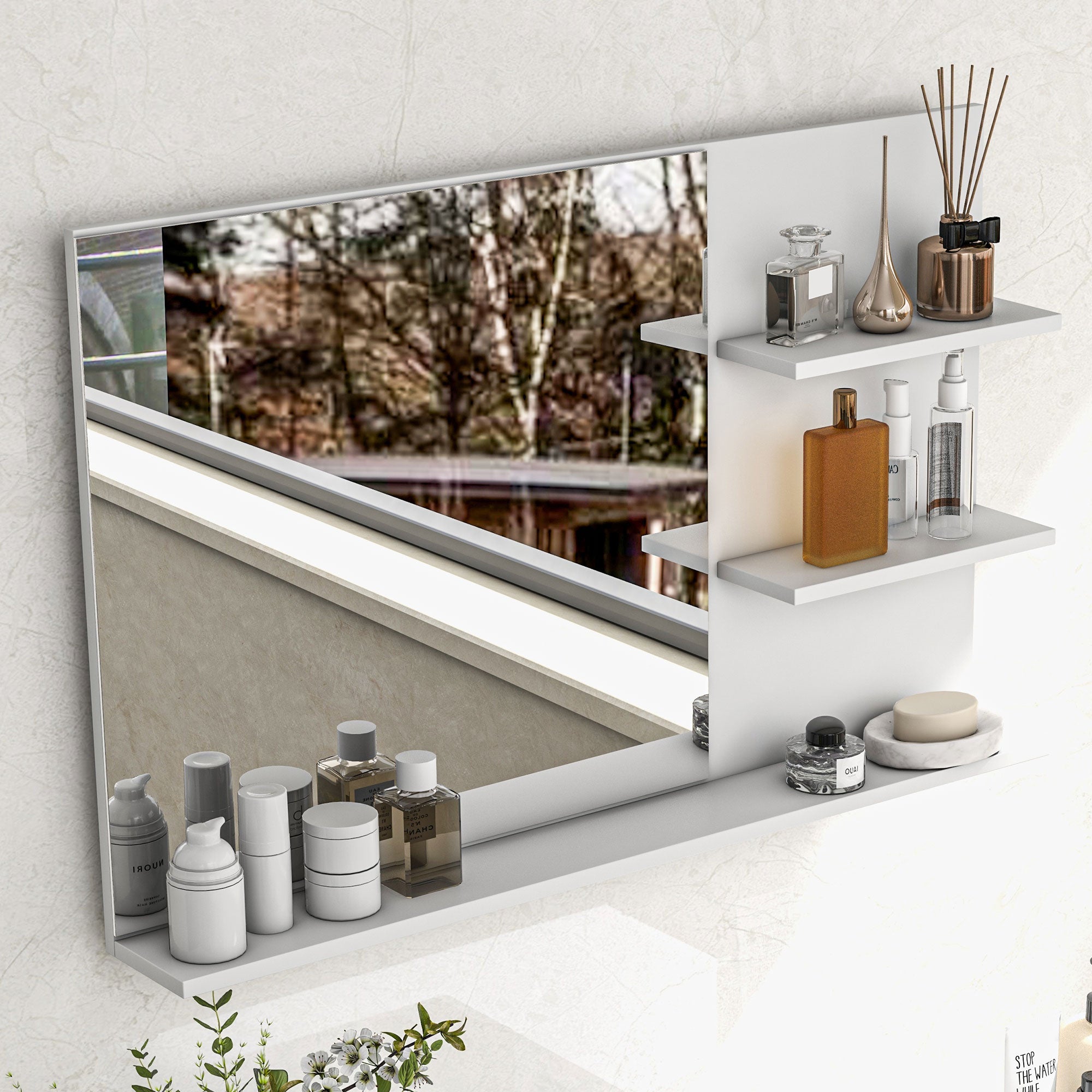 EasyComfort Badkamerspiegel met 2 zijplanken en onderplank, MDF & glas, 75x10x48 cm, wit