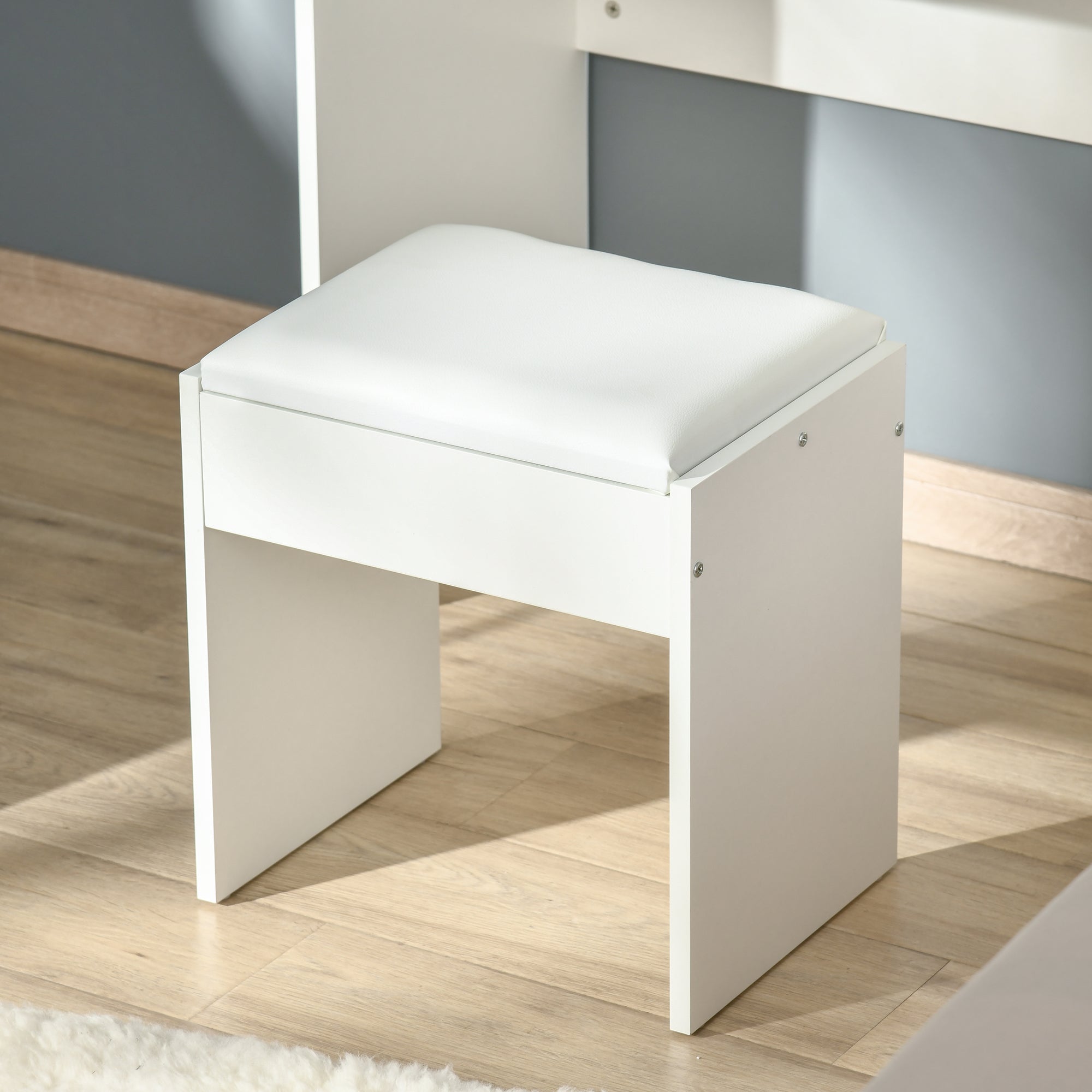 Easycomfort Tavolo da Trucco with Specchio Richiudibile, Tavolo da Trucco Moderno, with Sgabello, Vano Contenitore (4 Scomparti), MDF white, 80x40x79 cm