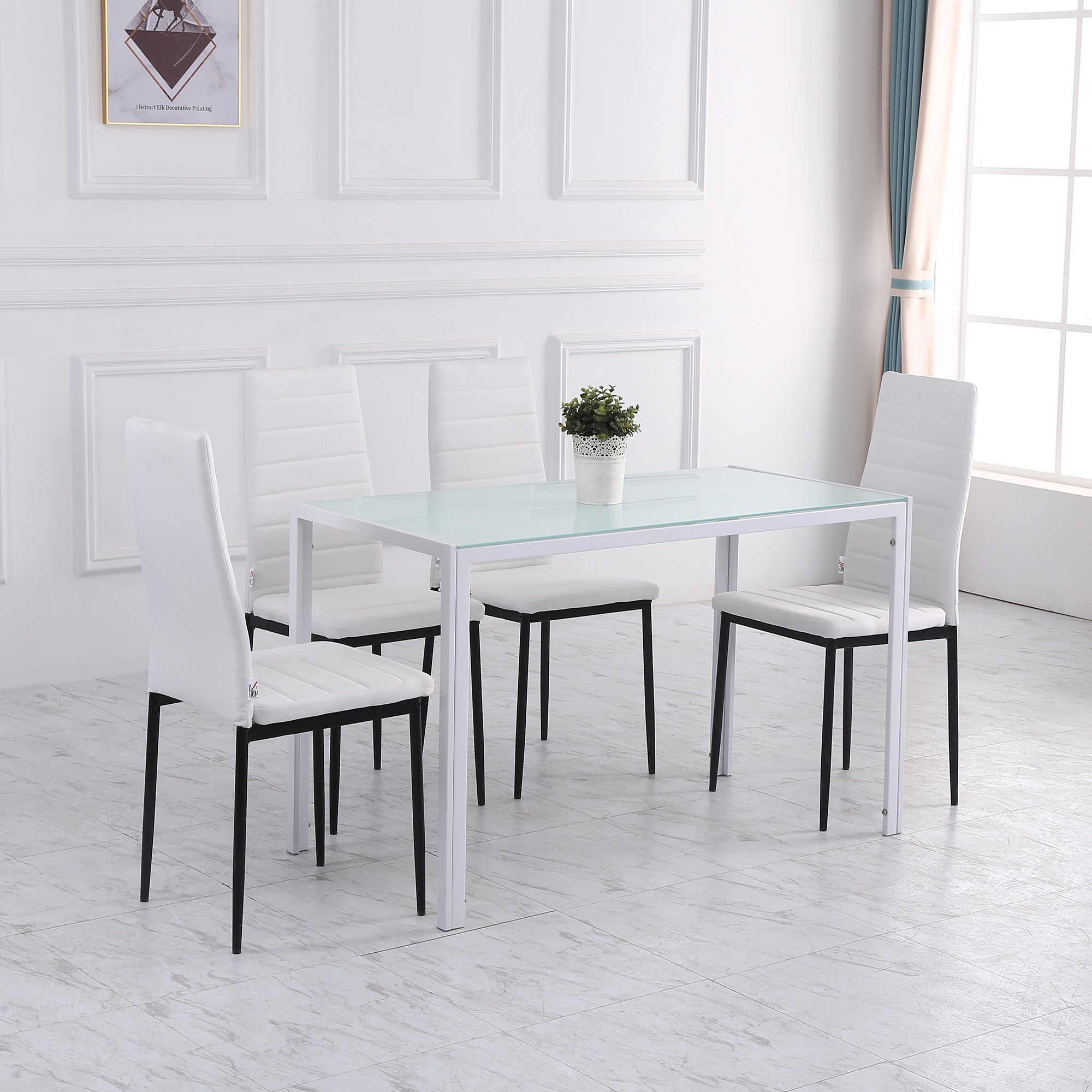 Easycomfort Tavolo Rettangolare da 4 Persone per Cucina e Soggiorno, Tavolo Moderno in Metallo e Vetro Temperato, 120x60x75 cm, white
