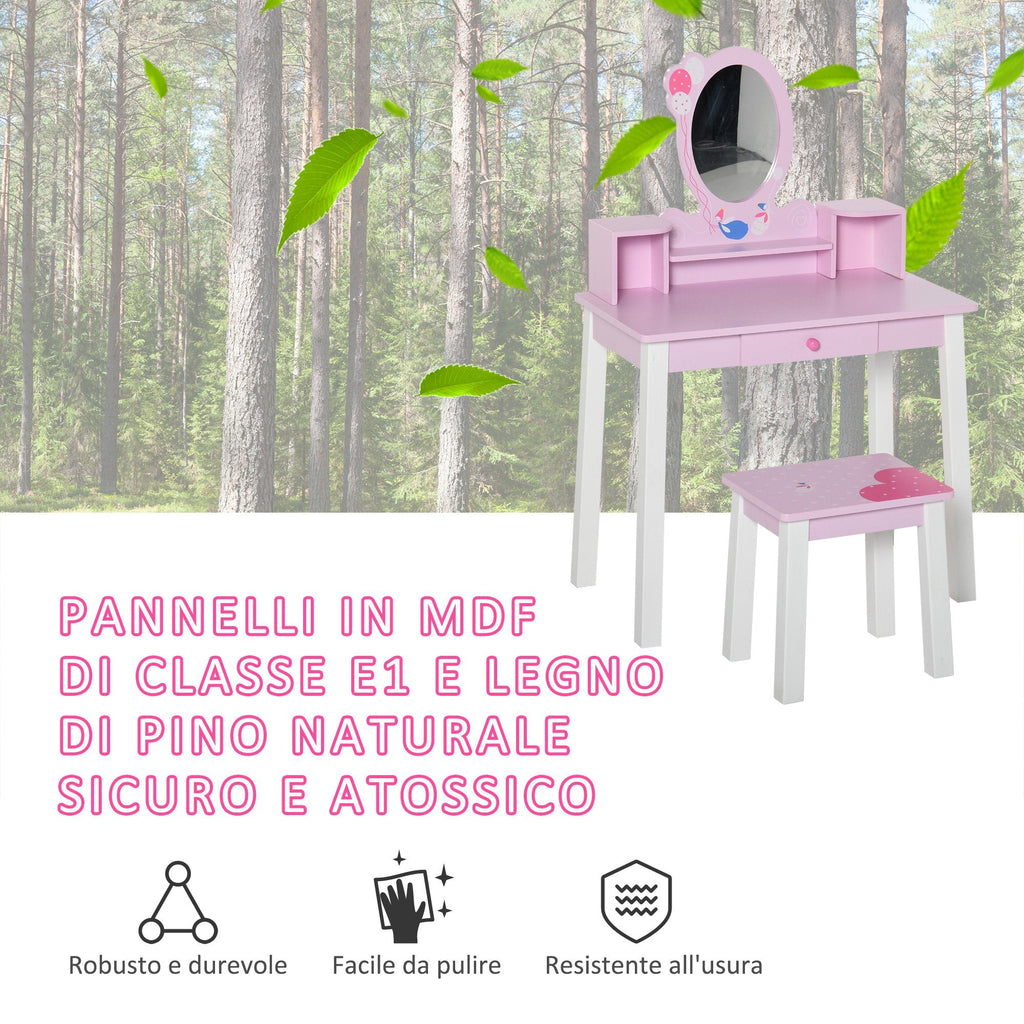 Easycomfort Toeletta per Bambine +3 Anni in Legno, Set Tavolo da Trucco Giocattolo with Specchio e Sgabello, Rosa