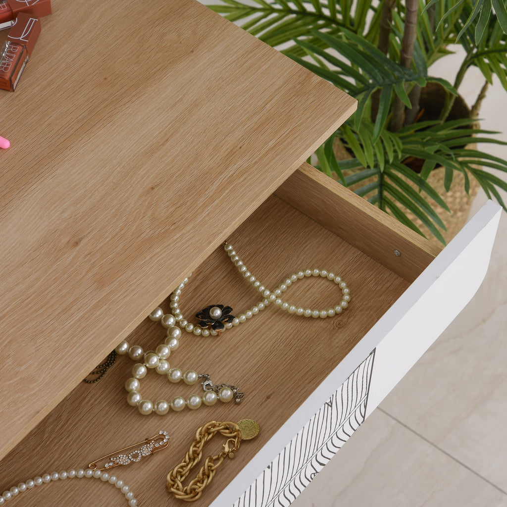 Easycomfort Toeletta Tavolo da Trucco with Specchio Circolare Ф39cm, Consolle Trucco with Cassetto with Decorazione Jungle, white e Rovere, 70x39x119-128cm
