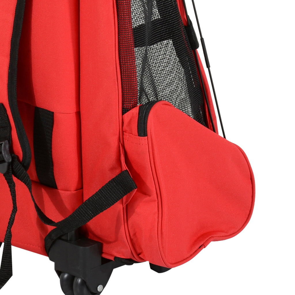 EASYCOMFORT 2 in 1 Backpack Carrier for Dogs and Cats with Side Pockets, Telescopic Handle and Wheels, 42x25x55cm, Red