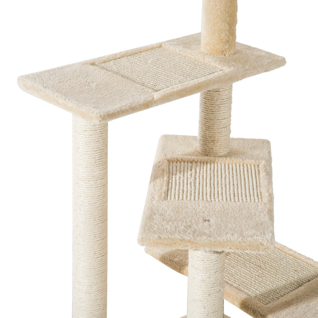 EASYCOMFORT Multilevel Cat Perch with Sisal Scratching Post, Cat Tree with Platforms and Beige Plush Kennel, 50x50x100cm