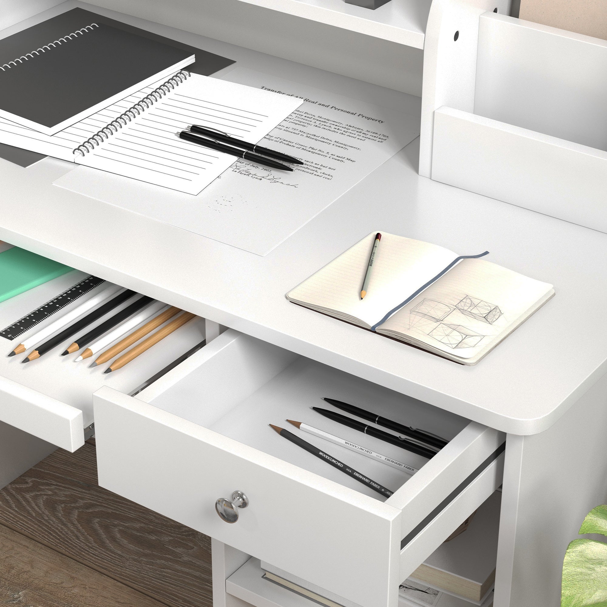 EasycomfortZONEKIZ Banco Scuola e Sedia per Bambini da 5-8 Anni with Scaffale e Mensola Estraibile in Legno white