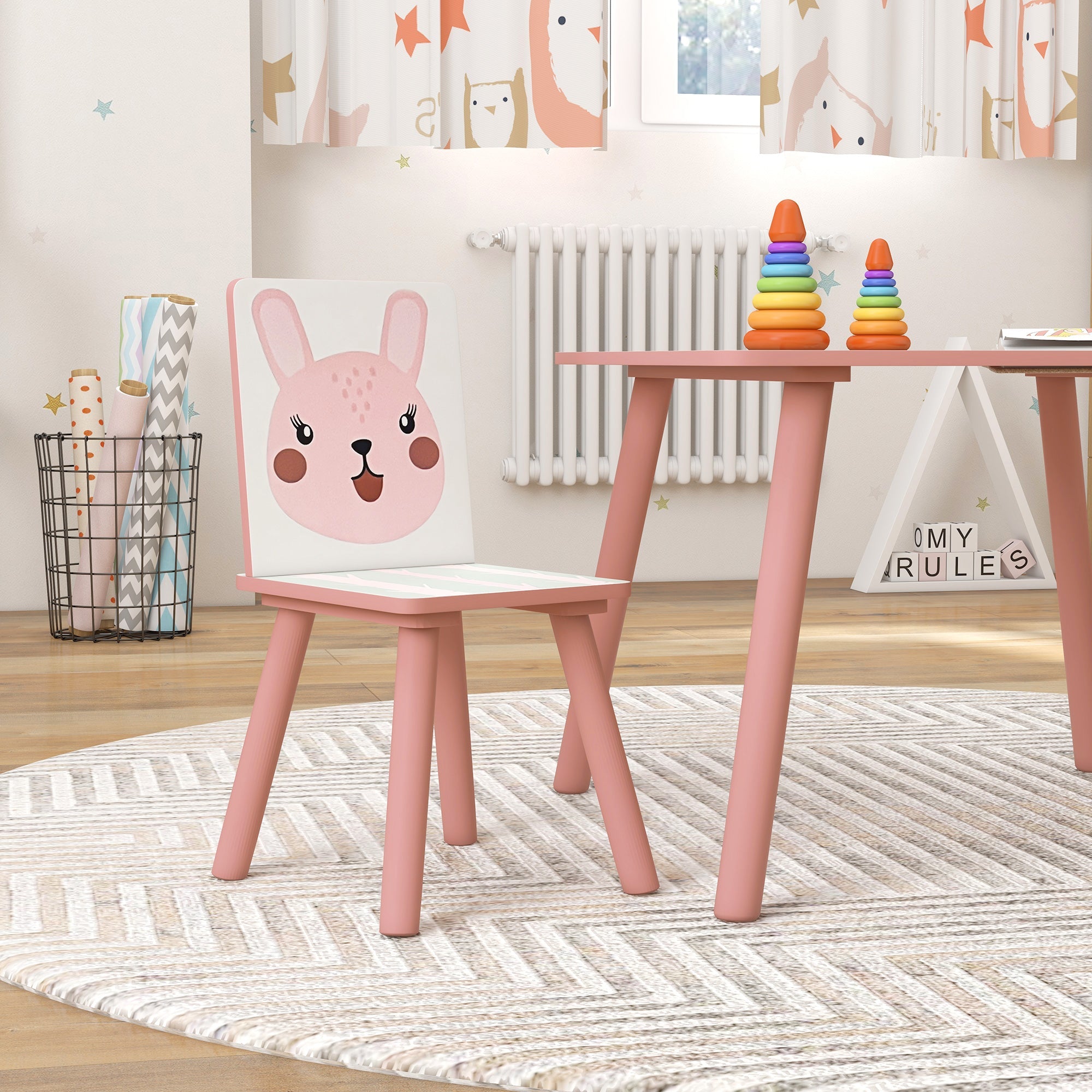 EasycomfortZONEKIZ Set Tavolo e Sedie 3 Pezzi per Bambini 3-8 Anni in MDF e Legno di Pino with Disegni di Animali, Rosa