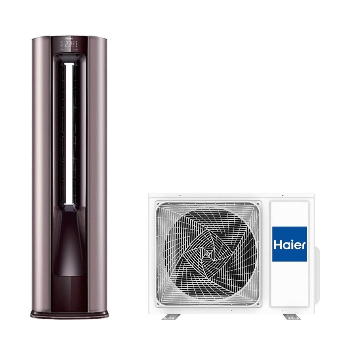 Zuilvormige Haier airconditioner FA 24000 Btu AP71UFAHRA R-32 met geïntegreerde Wi-Fi en meegeleverde afstandsbediening.