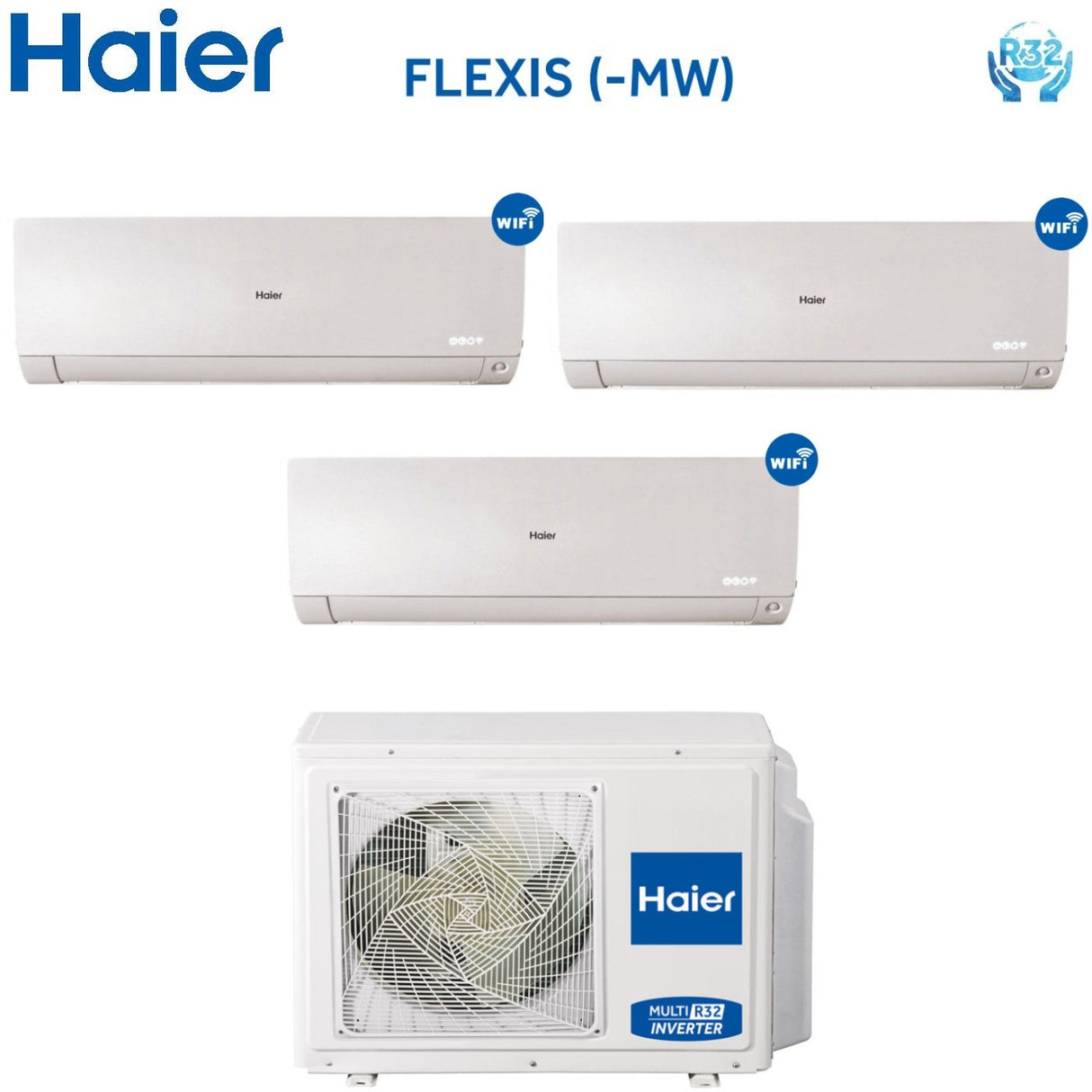 Airconditioner Verdamper Split Inverter HAIER FLEXIS White-serie 9000+9000+12000 btu met 3U70S2SR2FA R-32 Wi-Fi 9+9+12 - NIEUWIGHEDEN